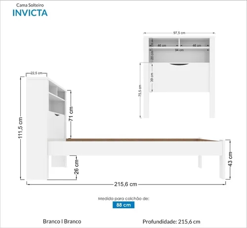 Cama Solteiro Branca Moderna Para Quarto Com Cabeceira Baú Acoplado e Com Prateleiras Inv