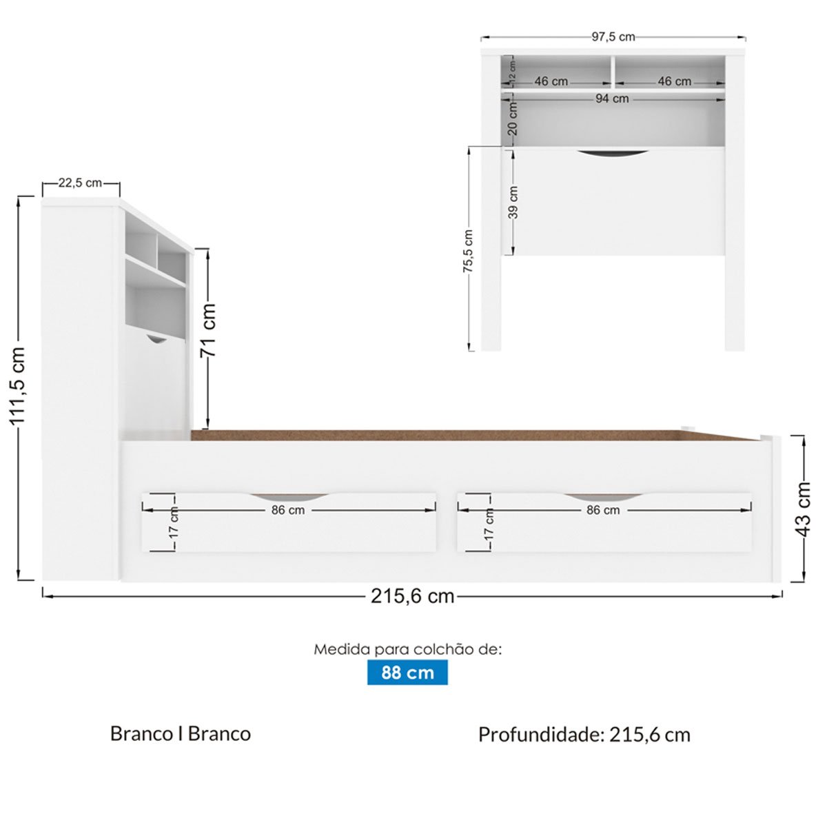 Cama Solteiro Infinity com Baú e 2 Gavetas Branco