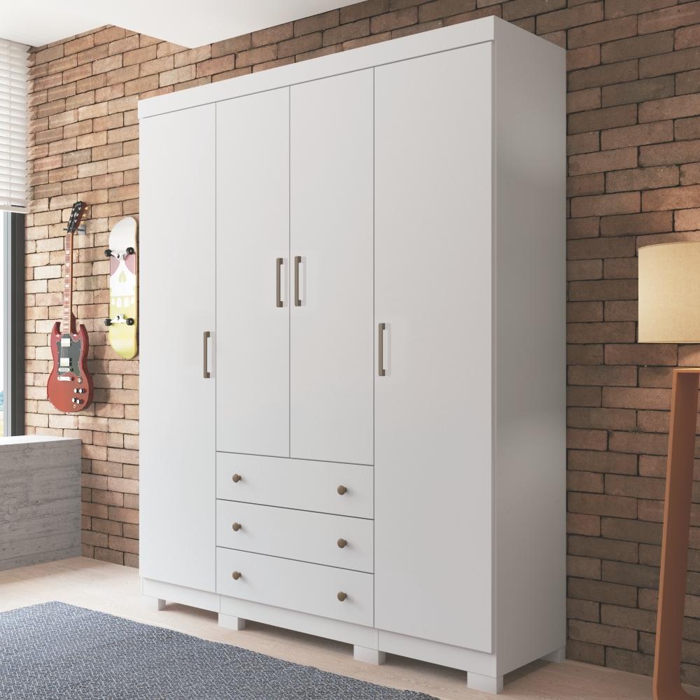 Conjunto Guarda Roupa e Cama com Gavetas Moon Branco