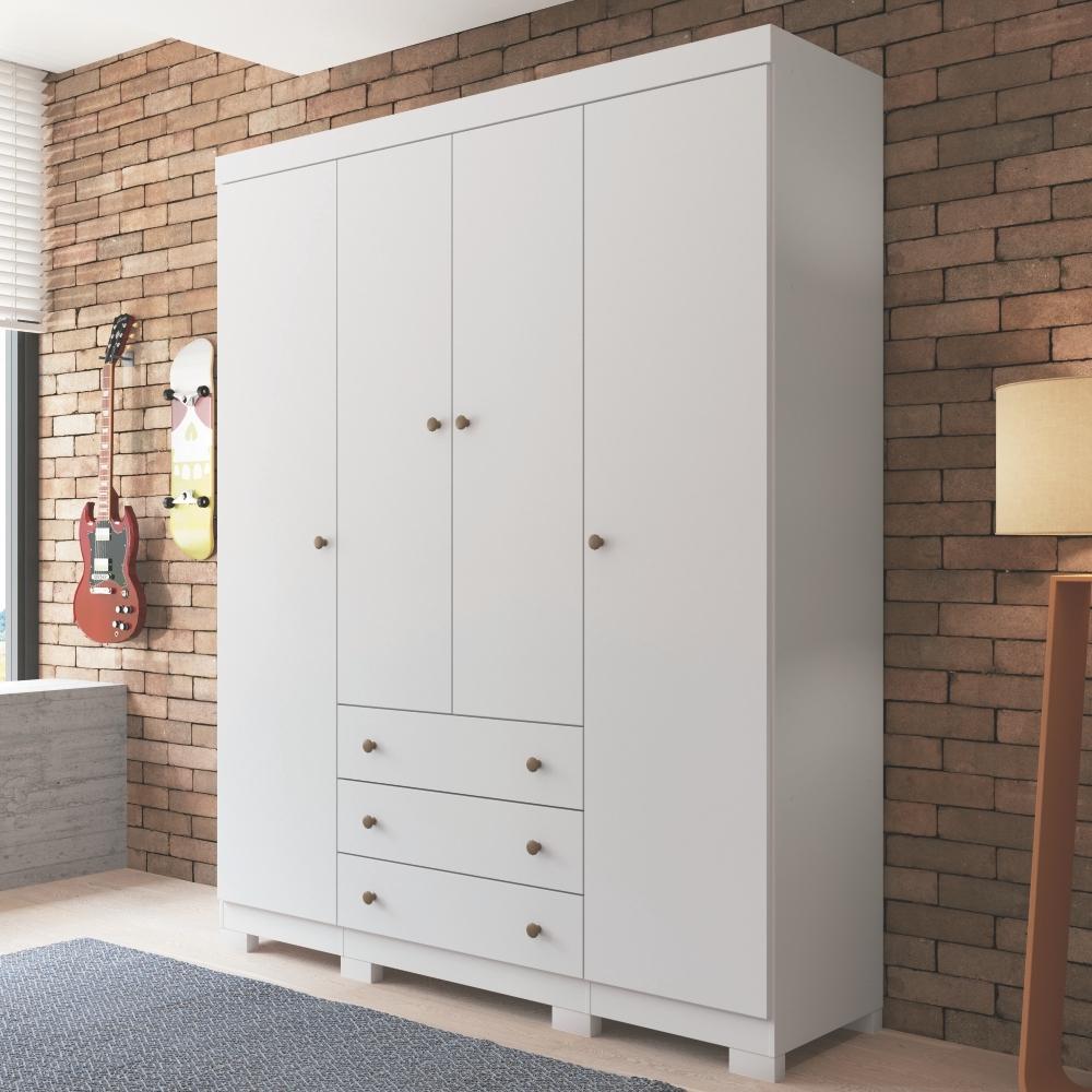 Conjunto Guarda Roupa e Cama com Gavetas Moon Branco