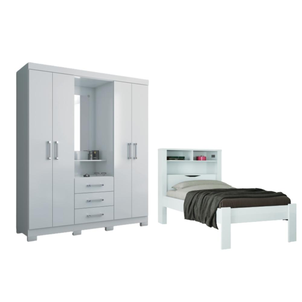 Conjunto Guarda Roupas 4 Portas e Cama Solteiro Palau Branco