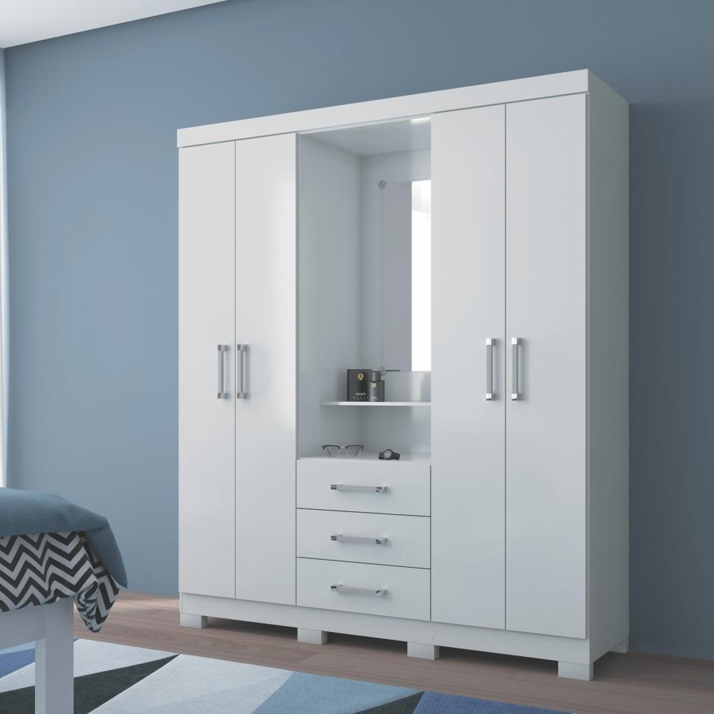 Conjunto Guarda Roupas 4 Portas e Cama Solteiro Palau Branco