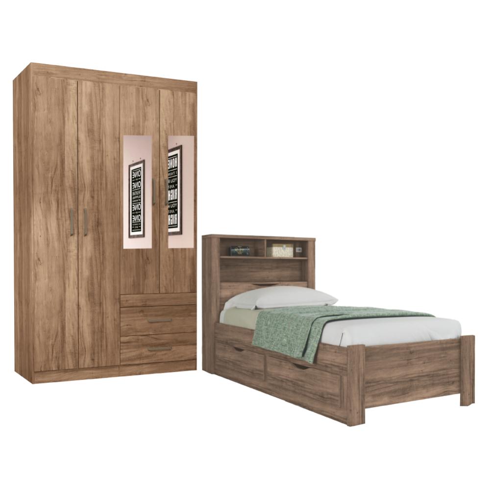 Conjunto Guarda Roupas Com Espelho 4 Portas e Cama com Gavetas Maia Atacama