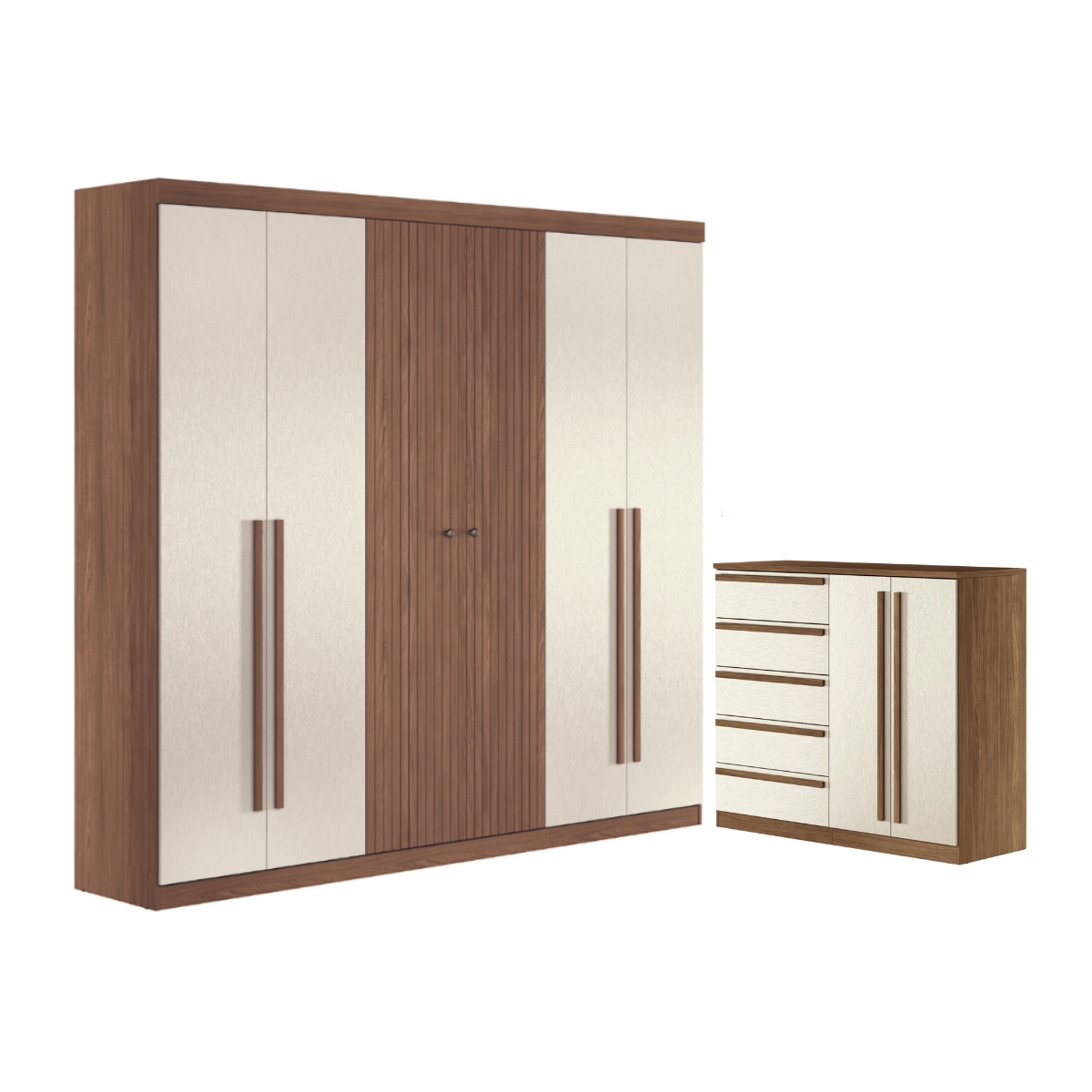 Guarda Roupa 6 Portas e Cômoda 5 Gavetas Jade Jatobá Areia
