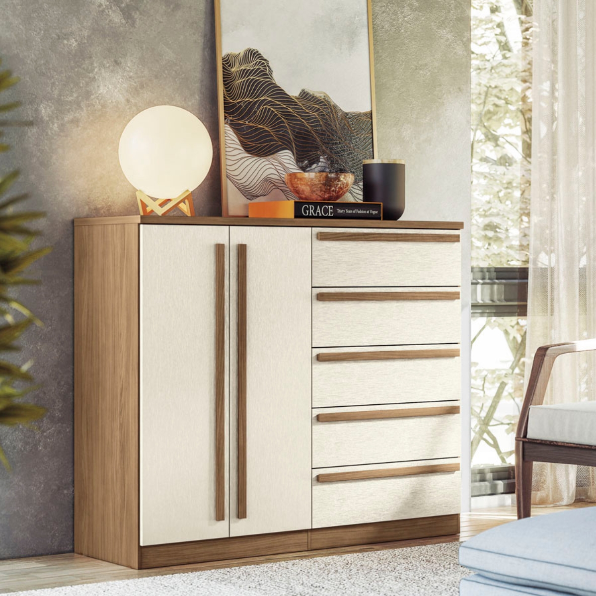 Guarda Roupa 6 Portas e Cômoda 5 Gavetas Jade Jatobá Areia