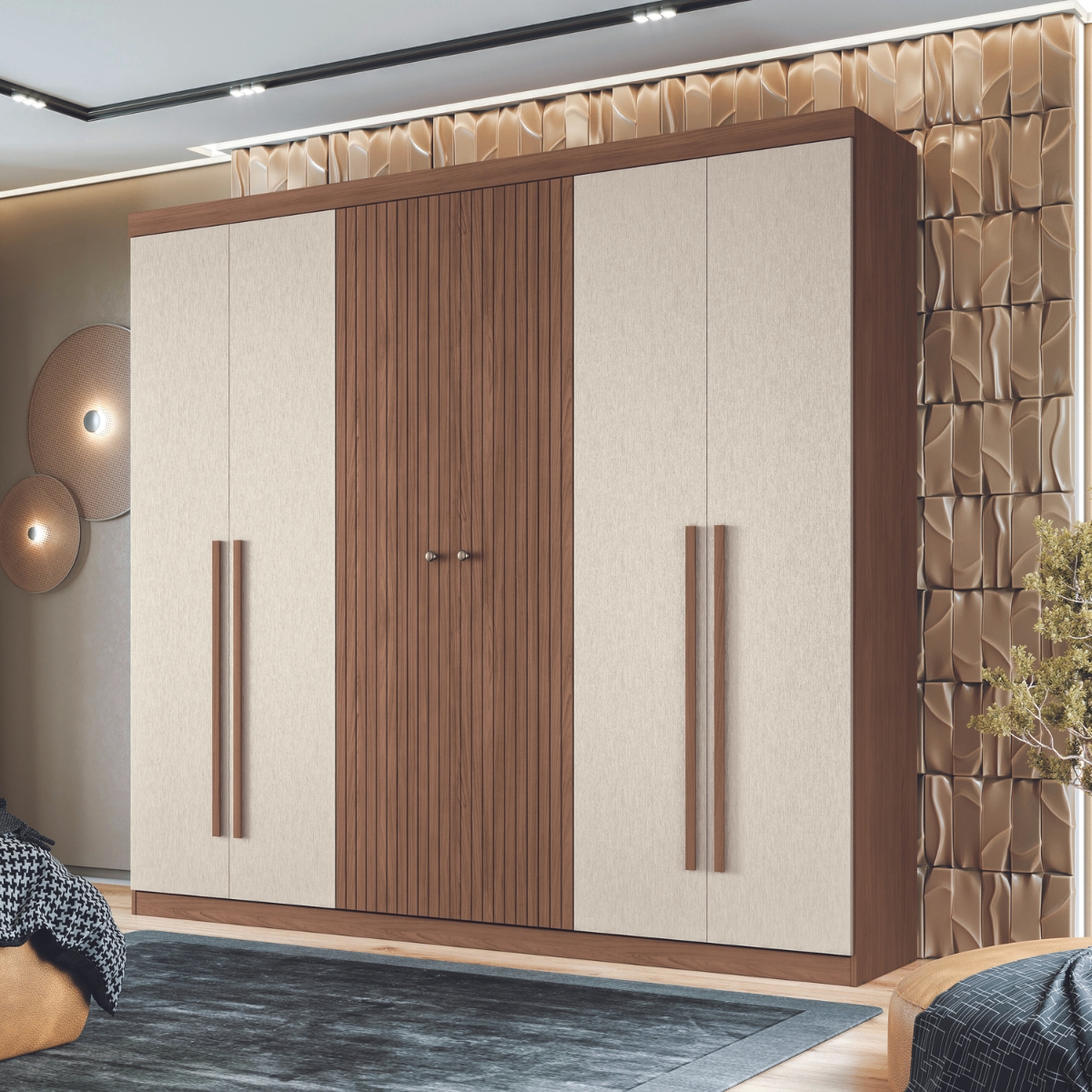 Guarda Roupa 6 Portas e Cômoda 5 Gavetas Jade Jatobá Areia
