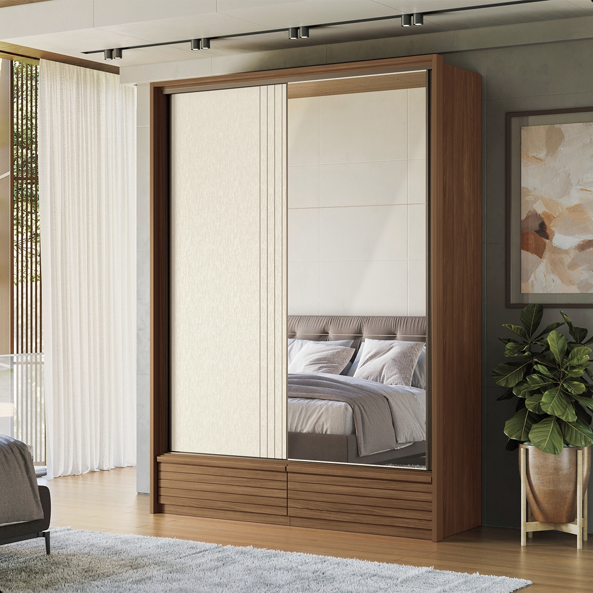 Guarda Roupa Casal 2 Portas e Cômoda 5 Gavetas Paris Jatobá