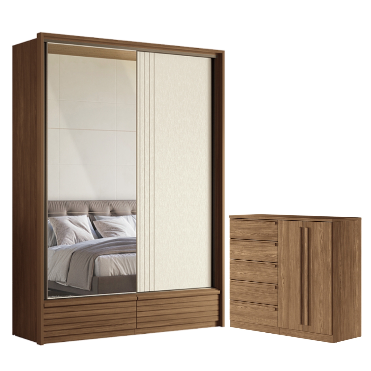 Guarda Roupa Casal 2 Portas e Cômoda 5 Gavetas Paris Jatobá