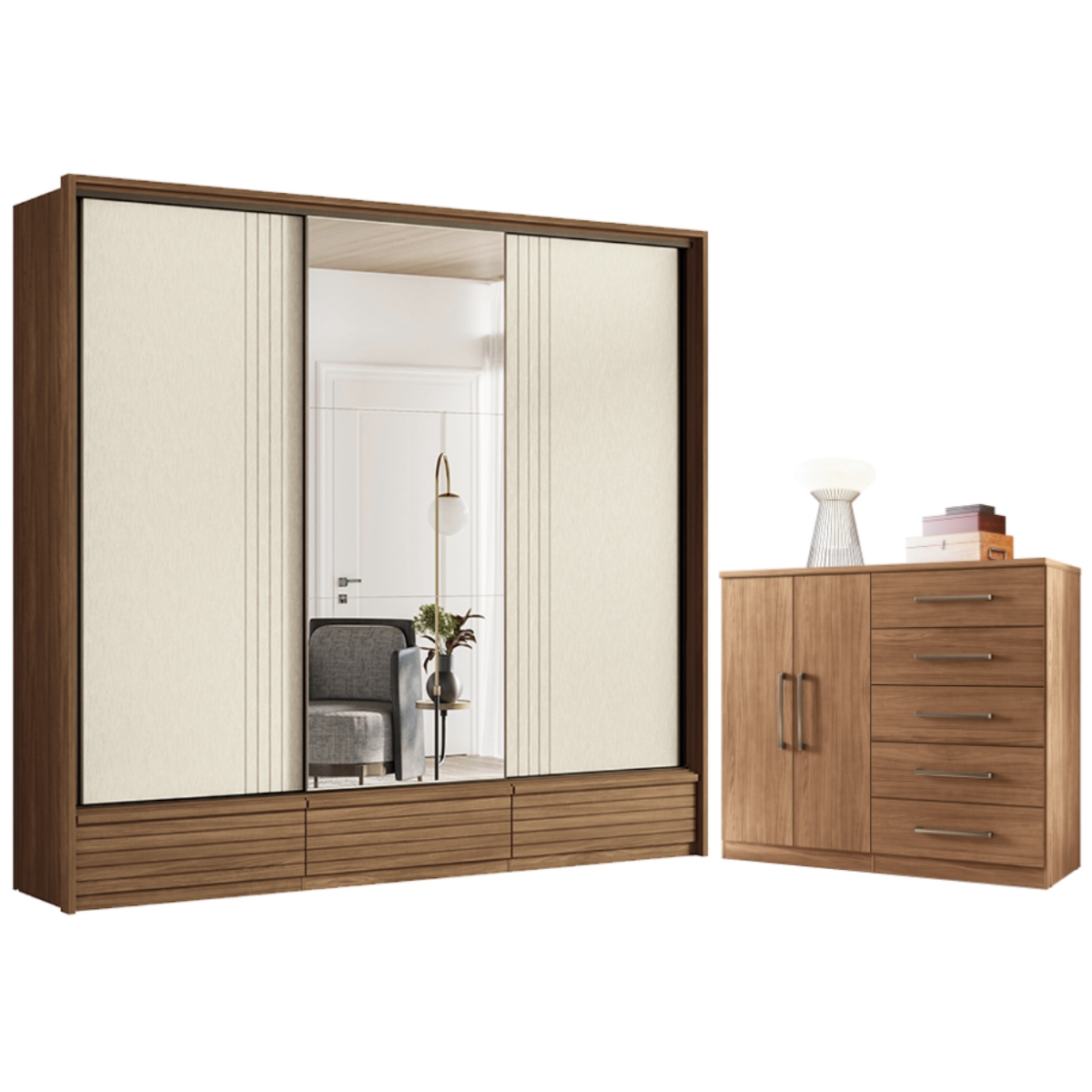 Guarda Roupa Casal 3 Portas e Cômoda 5 Gavetas Paris Jatobá