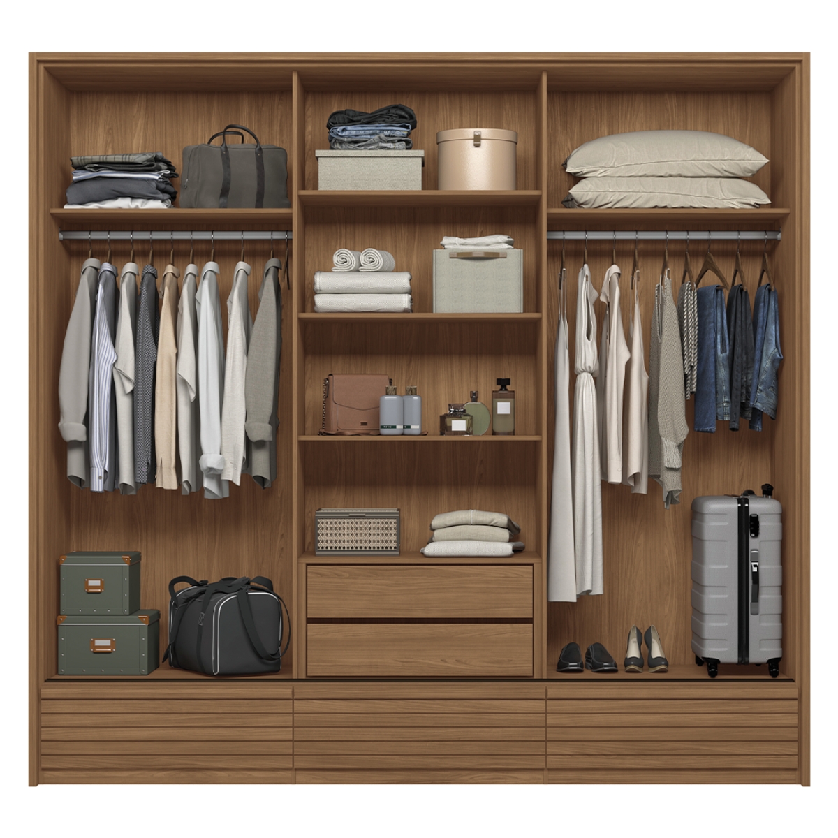 Guarda Roupa Casal 3 Portas e Cômoda 5 Gavetas Paris Jatobá