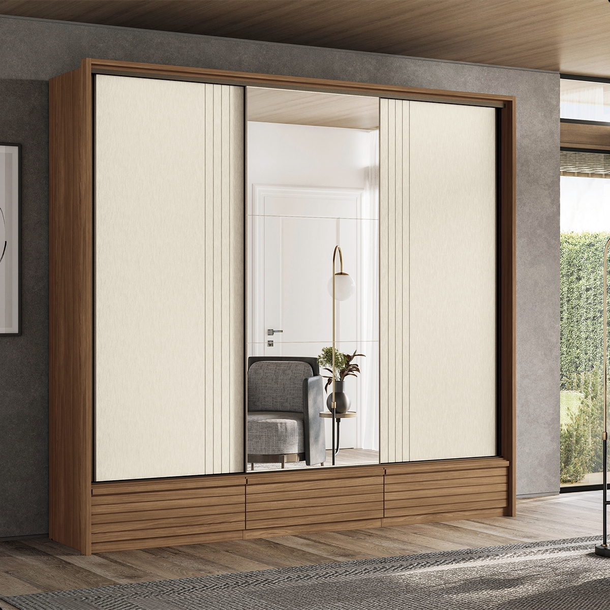 Guarda Roupa Casal 3 Portas e Cômoda 5 Gavetas Paris Jatobá