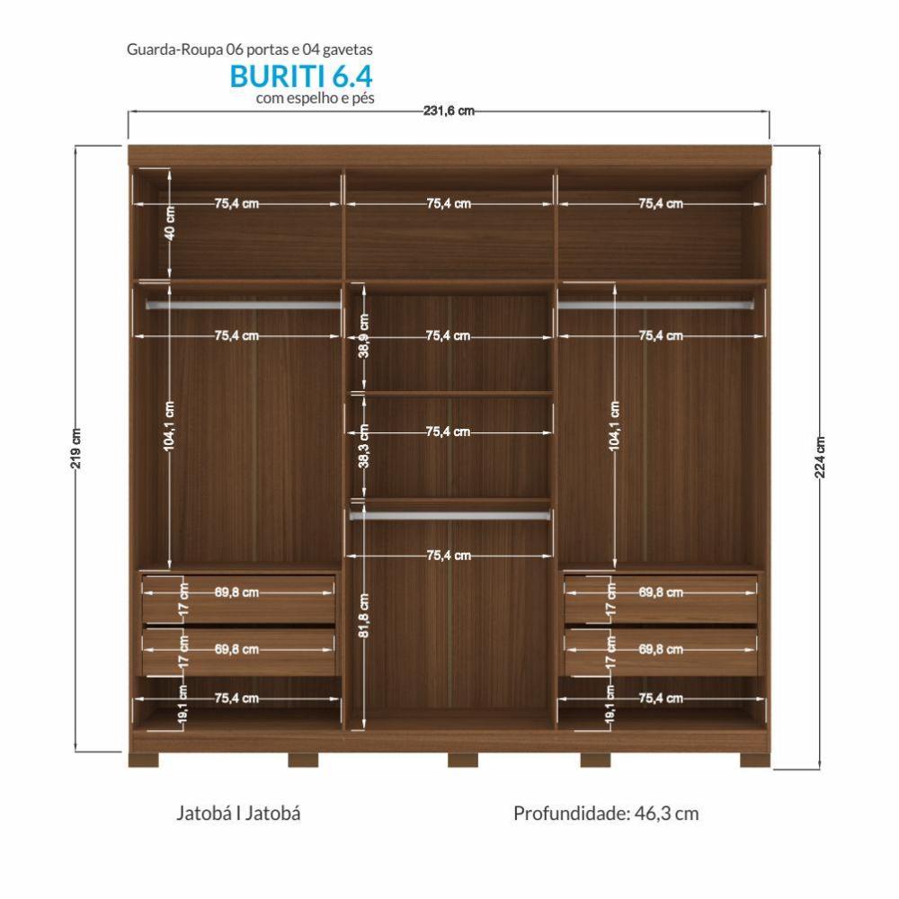 Guarda Roupa Casal Buriti Ripado 6 Portas Jatobá com Espelho e Pés - Santos Andirá