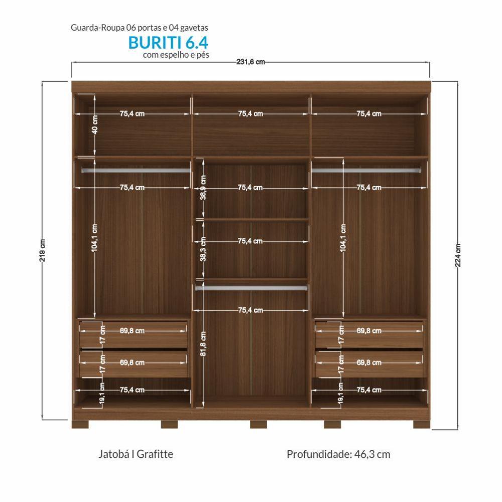 Guarda Roupa Casal Buriti Ripado 6 Portas Jatobá/Grafite com Espelho e Pés - Santos Andirá