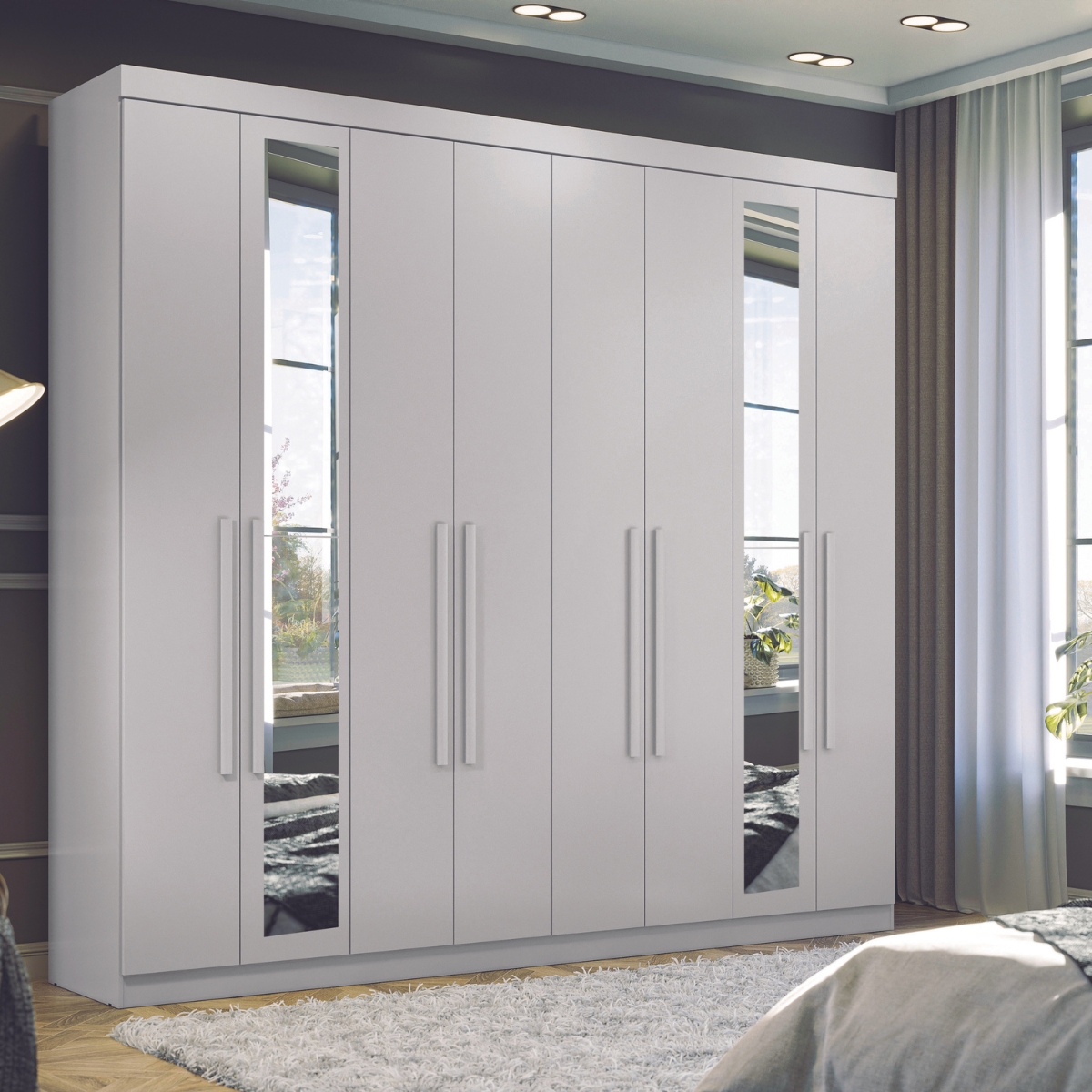 Guarda Roupa Casal Com Espelho 8 Portas Girona Branco