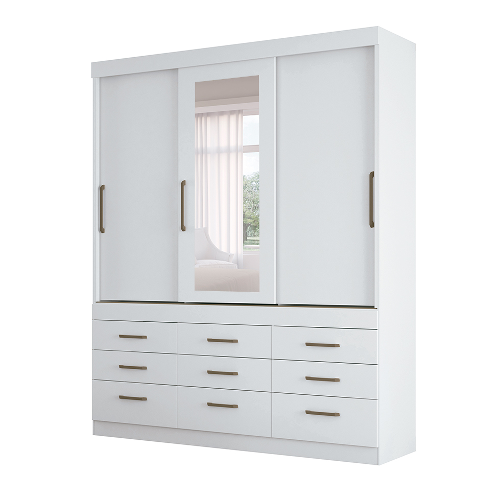 Guarda-Roupa Casal com Espelho Click 3 Portas 9 Gavetas Branco