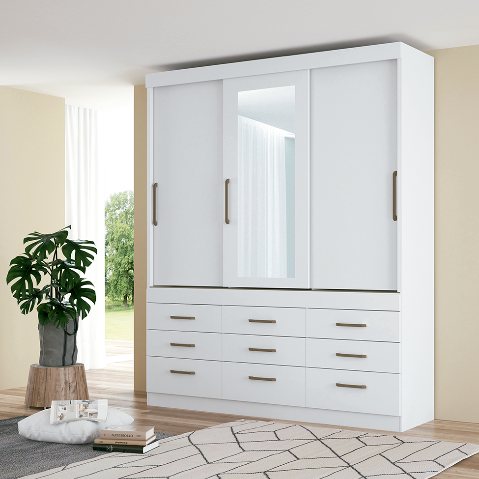 Guarda-Roupa Casal com Espelho Click 3 Portas 9 Gavetas Branco