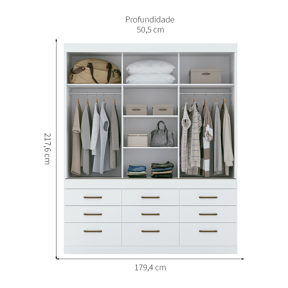 Guarda-Roupa Casal com Espelho Click 3 Portas 9 Gavetas Branco