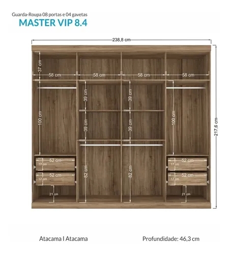 Guarda Roupa Roupeiro de Casal Marrom Atacama Grande Espaçoso com 8 Portas 4 Gavetas Luxuoso Vip