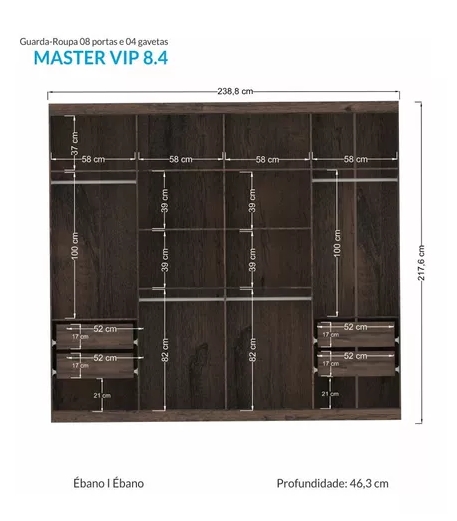 Guarda Roupa Roupeiro de Casal Marrom Ébano Grande Espaçoso com 8 Portas 4 Gavetas Luxuoso Vip