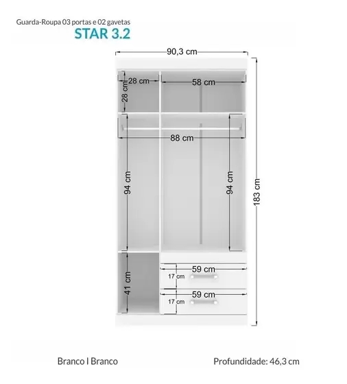 Guarda Roupa Roupeiro de Solteiro Branco Compacto Com 3 Portas 2 Gaveta Luxo Apartamento AP Star 1,83x0,90