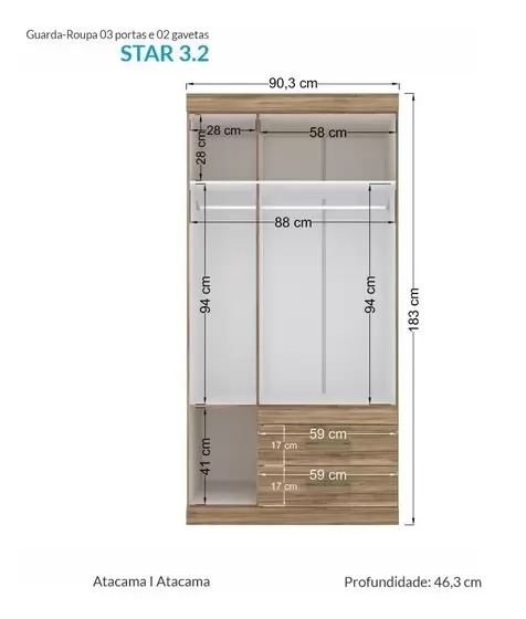 Guarda Roupa Roupeiro de Solteiro Compacto Com 3 Portas 2 Gaveta Luxo Apartamento AP Star 1,83x0,90 - Santos Andirá