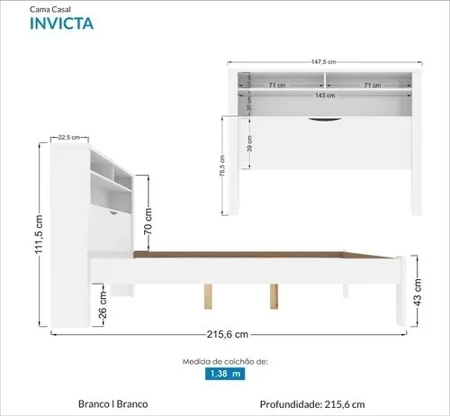 Kit 3x1 Cama Casal Com Cabeceira Baú Acoplado e Prateleiras Para Quarto Moderna e Espaçosa Inv