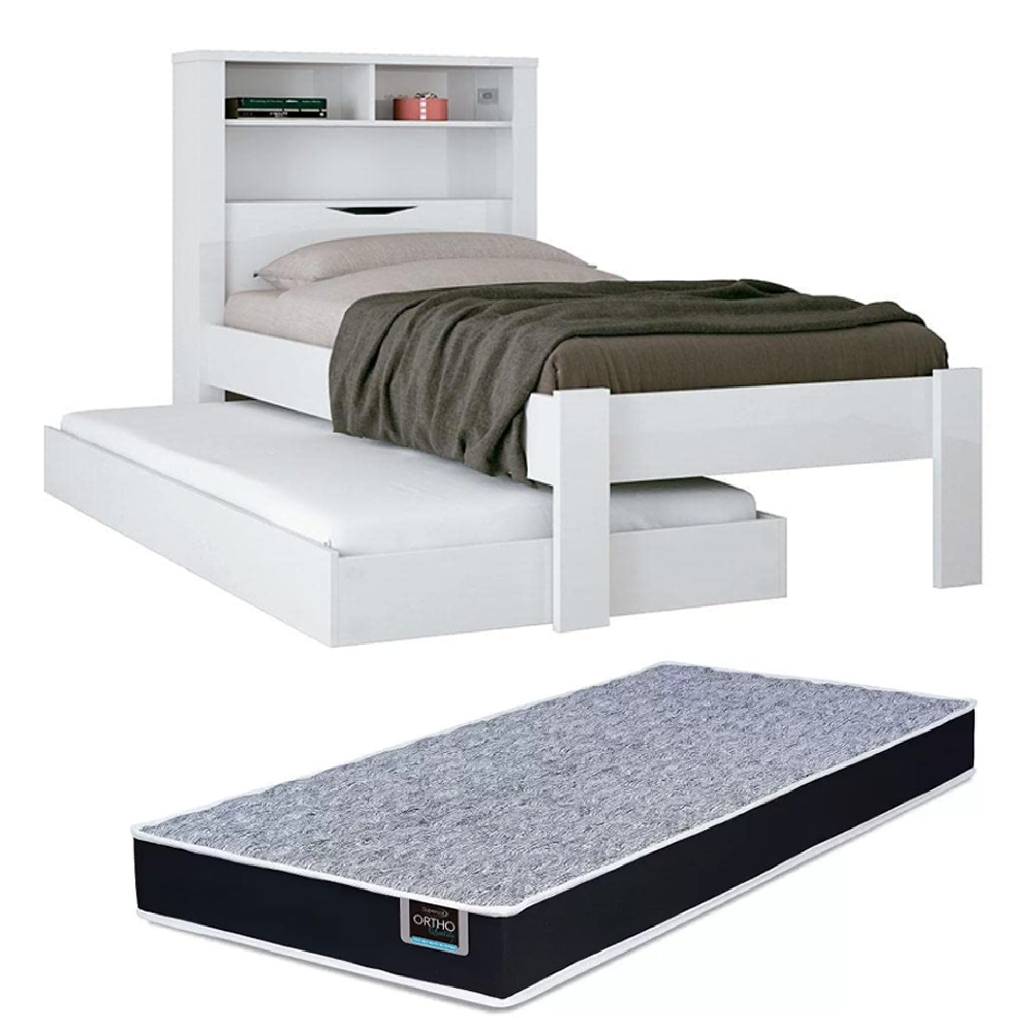 Kit Bicama Solteiro Branca Moderna Para Quarto Com Cabeceira Baú Acoplado Com Prateleiras + Cama Auxiliar + 1 Colchão Solteiro 88 Inv