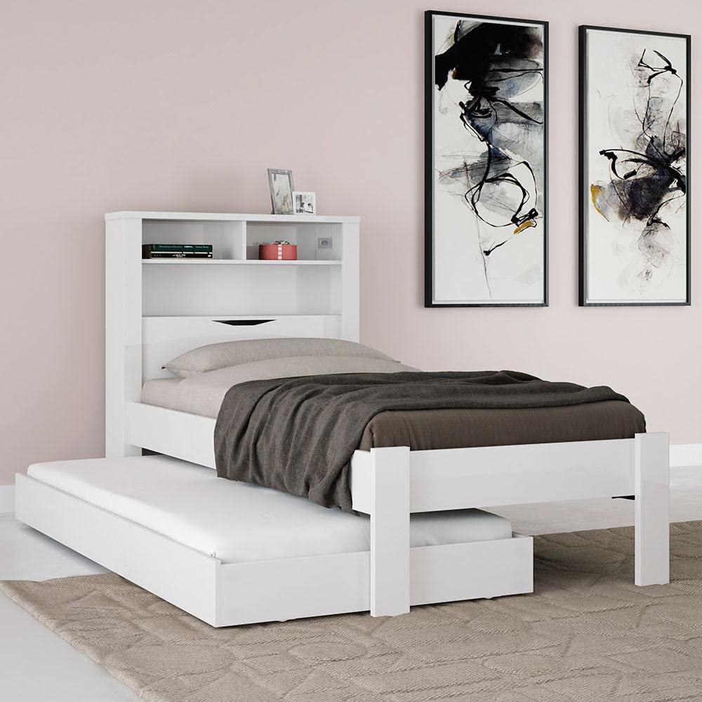 Kit Bicama Solteiro Branca Moderna Para Quarto Com Cabeceira Baú Acoplado Com Prateleiras + Cama Auxiliar + 1 Colchão Solteiro 88 Inv