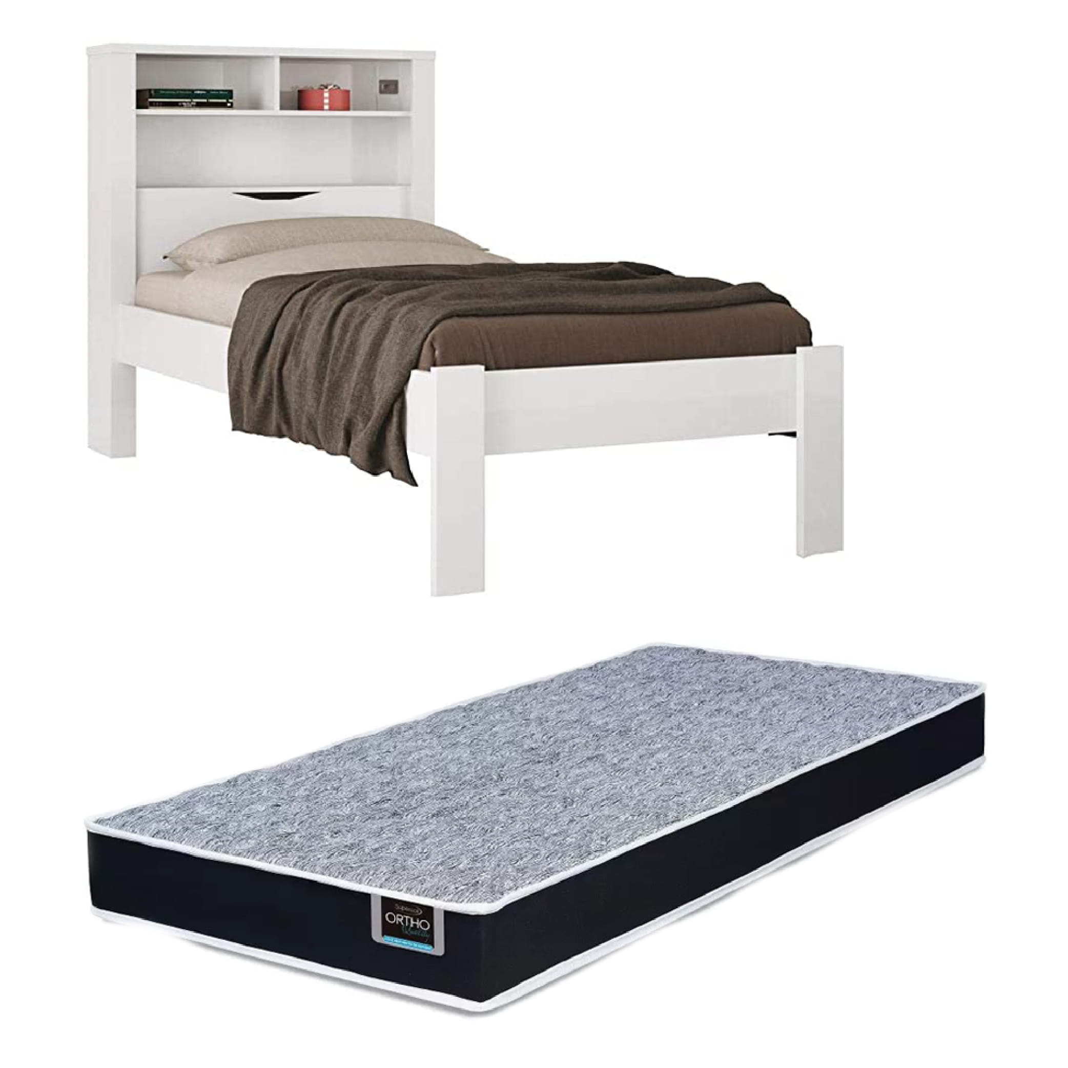 Kit Cama Solteiro Branca Moderna Para Quarto Com Cabeceira Baú Acoplado Com Prateleiras + 1 Colchão Solteiro 88 Inv