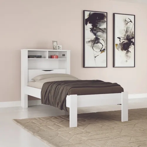 Kit Cama Solteiro Branca Moderna Para Quarto Com Cabeceira Baú Acoplado Com Prateleiras + 1 Colchão Solteiro 88 Inv