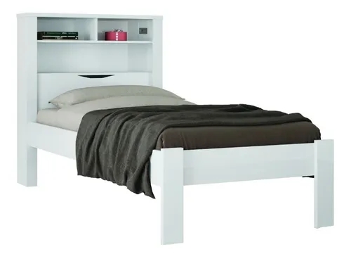 Kit Cama Solteiro Branca Moderna Para Quarto Com Cabeceira Baú Acoplado Com Prateleiras + 1 Colchão Solteiro 88 Inv