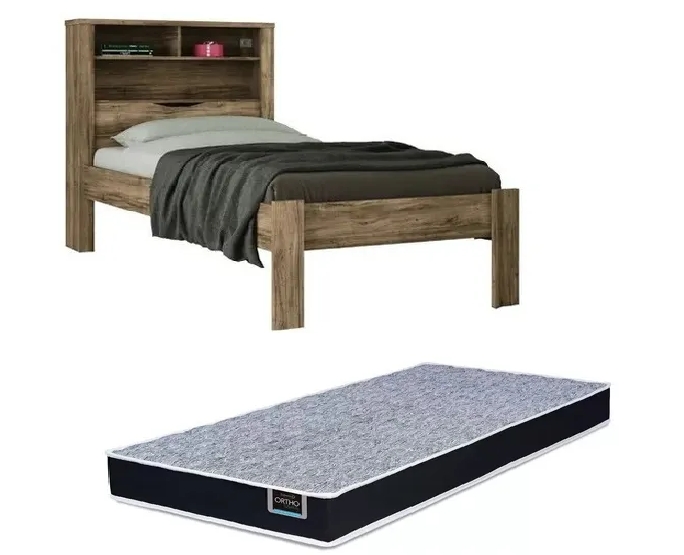 Kit Cama Solteiro Marrom Moderna Para Quarto Com Cabeceira Baú Acoplado Com Prateleiras + 1 Colchão Solteiro 88 Inv