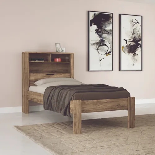 Kit Cama Solteiro Marrom Moderna Para Quarto Com Cabeceira Baú Acoplado Com Prateleiras + 1 Colchão Solteiro 88 Inv