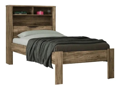 Kit Cama Solteiro Marrom Moderna Para Quarto Com Cabeceira Baú Acoplado Com Prateleiras + 1 Colchão Solteiro 88 Inv