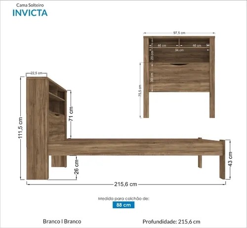 Kit Cama Solteiro Marrom Moderna Para Quarto Com Cabeceira Baú Acoplado Com Prateleiras + 1 Colchão Solteiro 88 Inv