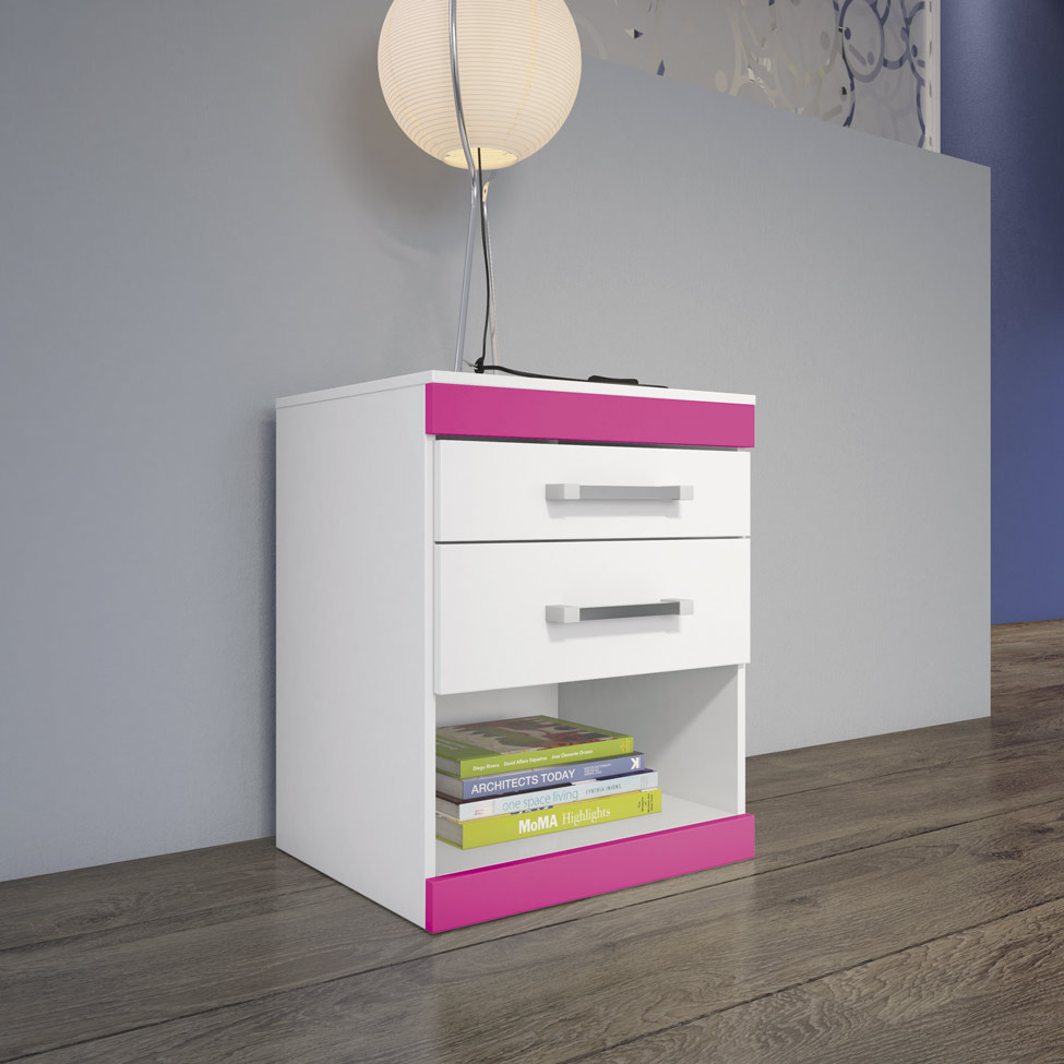 Mesa de Cabeceira Havana Plus Flex Color 2 Gavetas Branca e Fúcsia