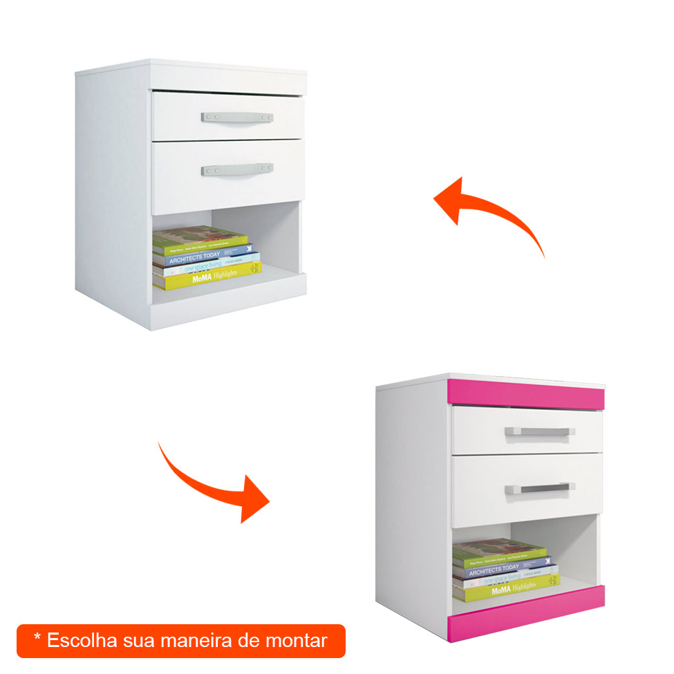 Mesa de Cabeceira Havana Plus Flex Color 2 Gavetas Branca e Fúcsia