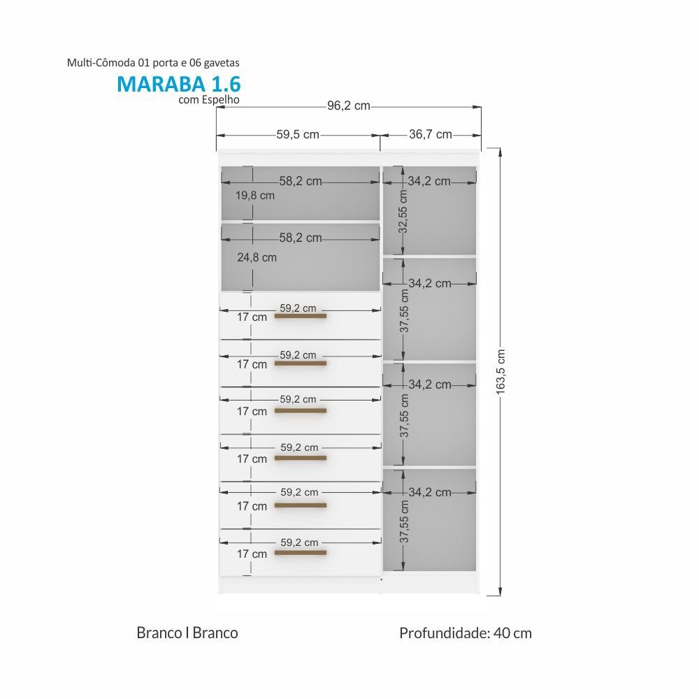 Multi-Cômoda Marabá 1.6 1 Porta e 6 Gavetas Branco com Espelho - Santos Andirá