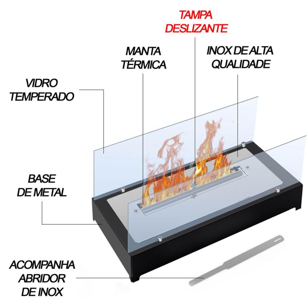 Lareira Ecológica Moderna Completa à Álcool com Regulador de Chamas 45cm Saro
