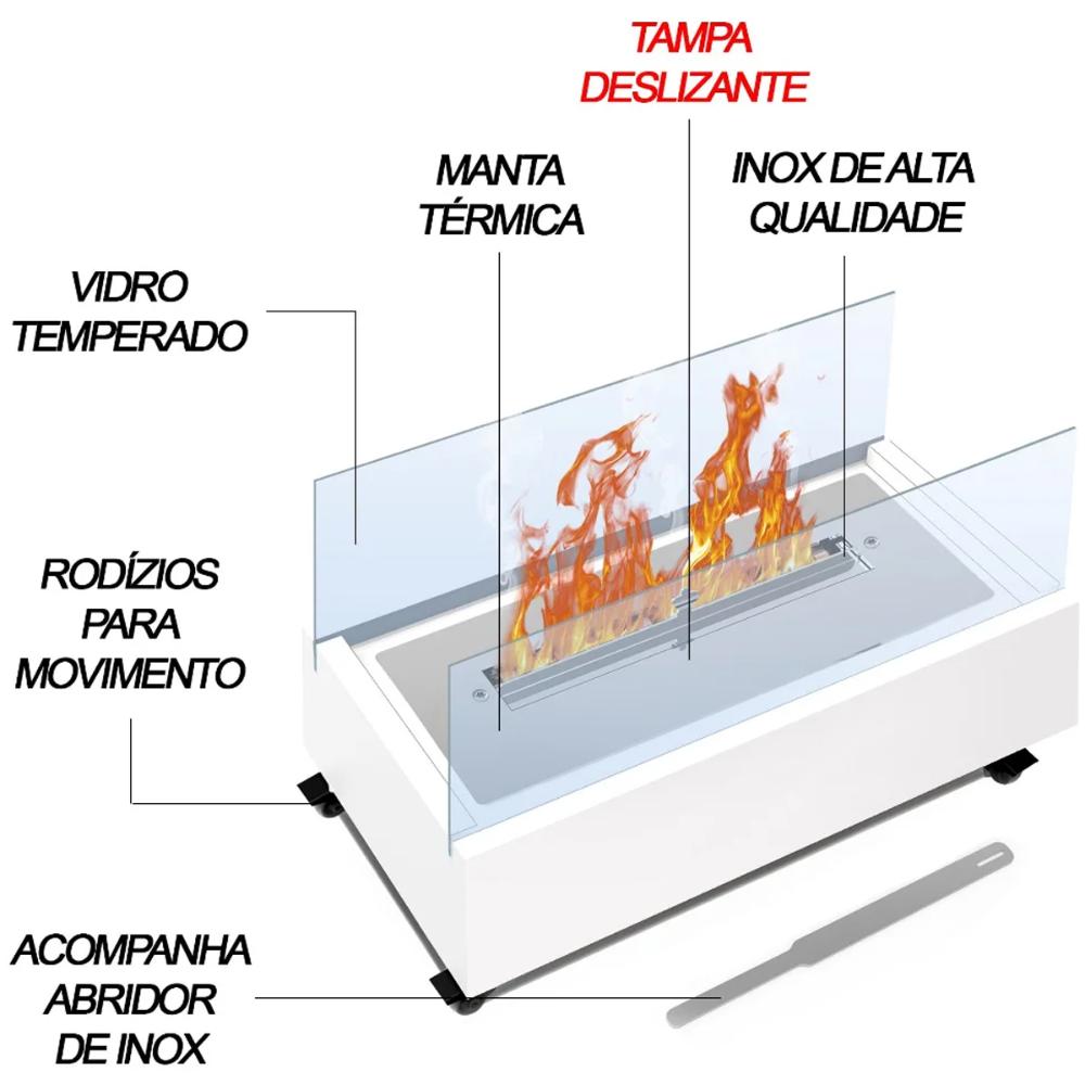 Lareira Ecológica com Rodinhas 1L Álcool Etanol Base Inox e