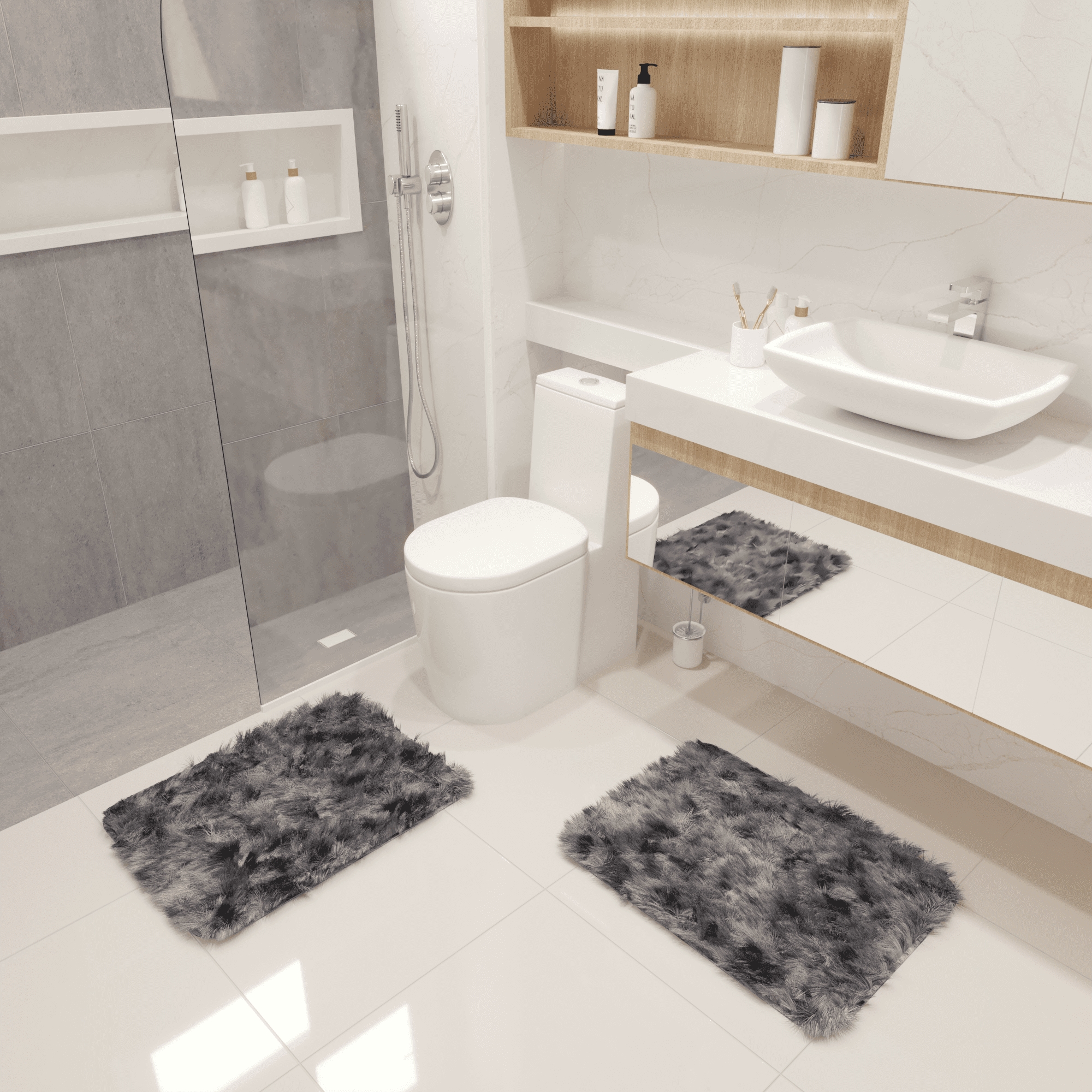 Kit Tapete Banheiro Felpudo Peludo Mesclado Cinza 40 x 60 cm