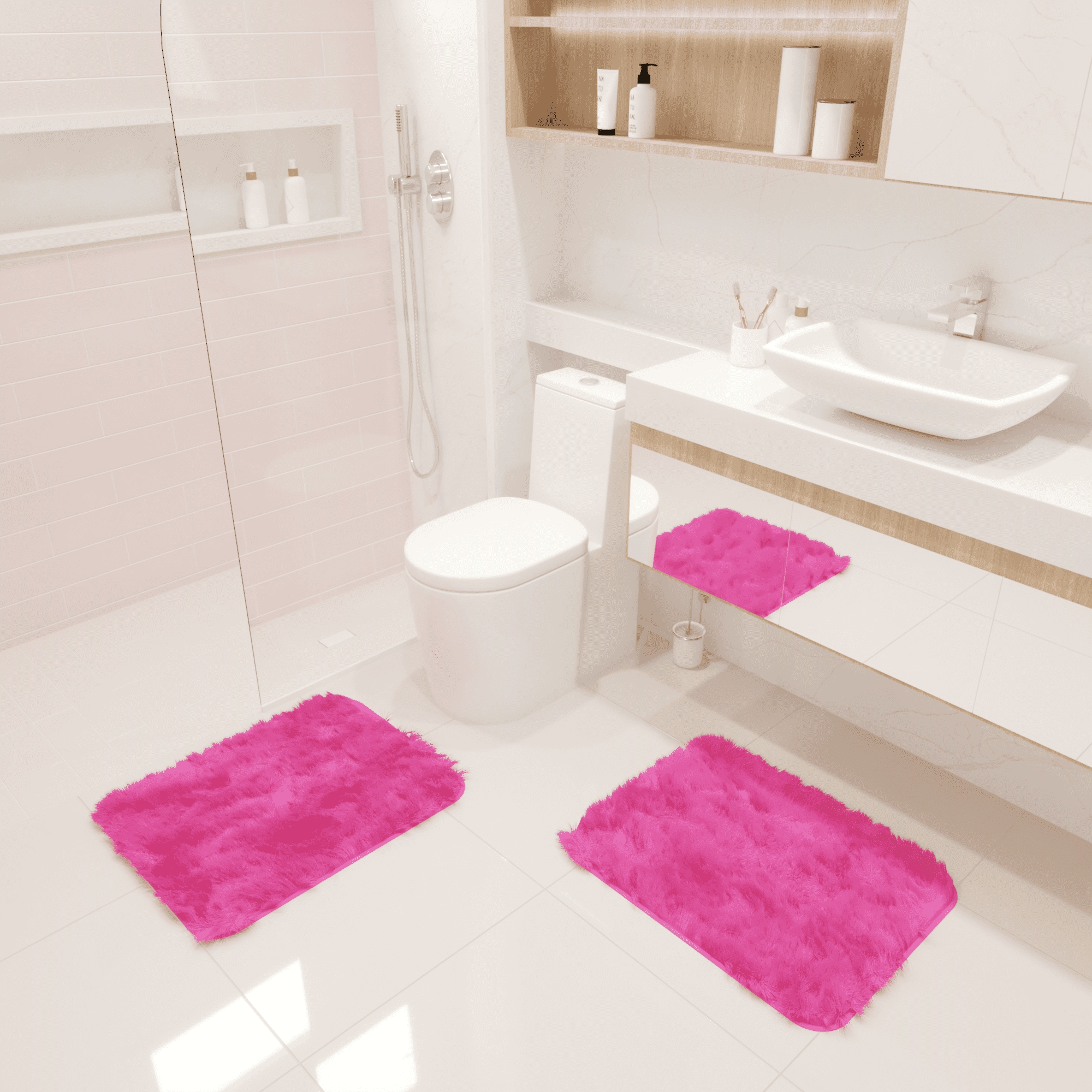 Kit Tapete Banheiro Felpudo Peludo Rosa 40 x 60 cm