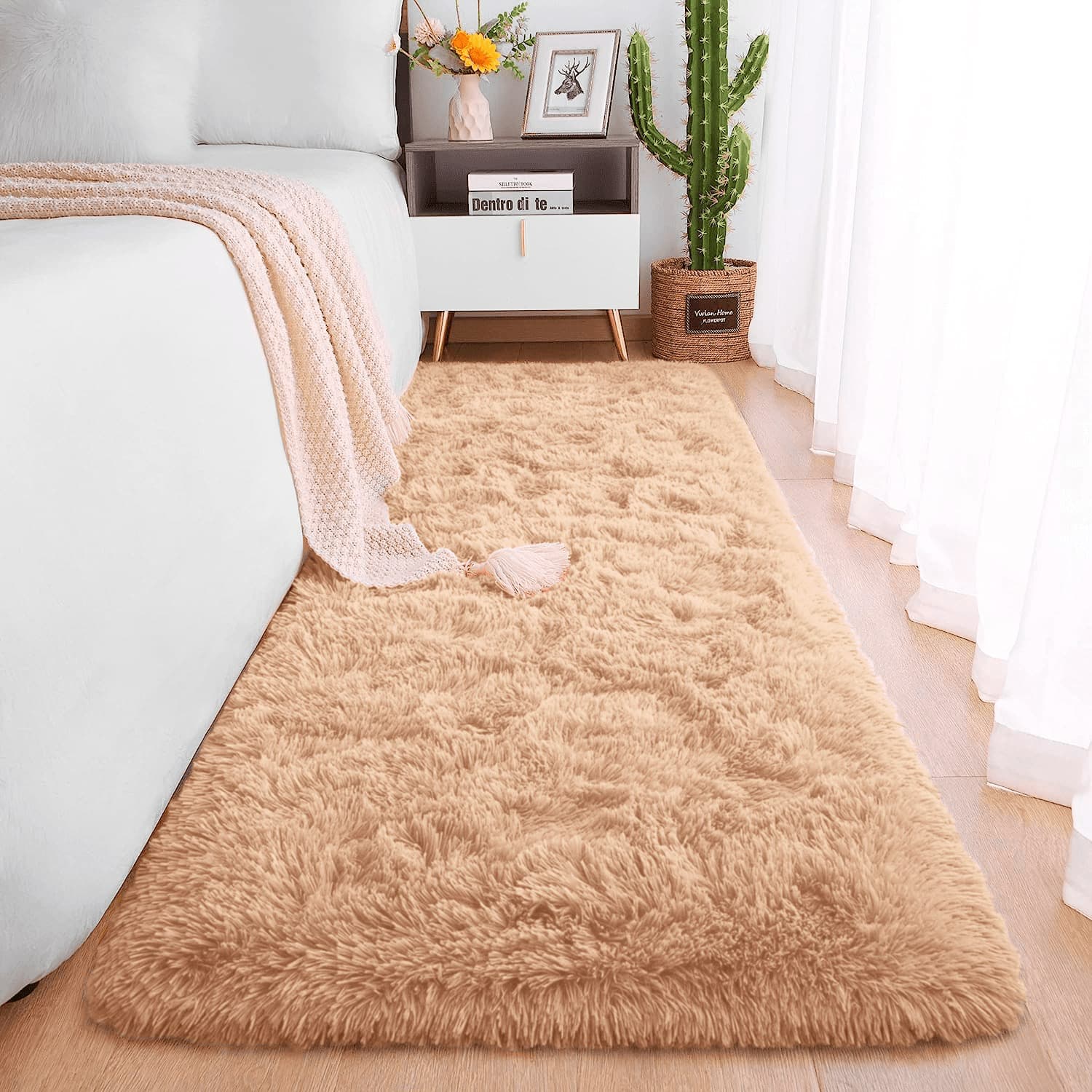 Tapete Passadeira Pelo Alto Felpudo Macio Anti Derrapante Bege - 60 x 180 cm Tapete para Sala e Quartos