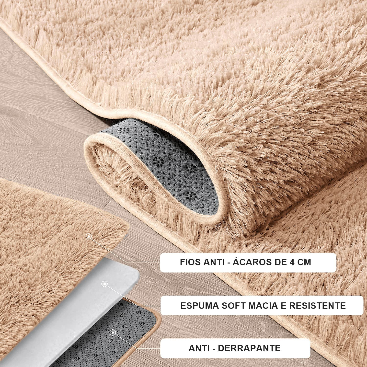 Tapete Passadeira Pelo Alto Felpudo Macio Anti Derrapante Bege - 60 x 180 cm Tapete para Sala e Quartos