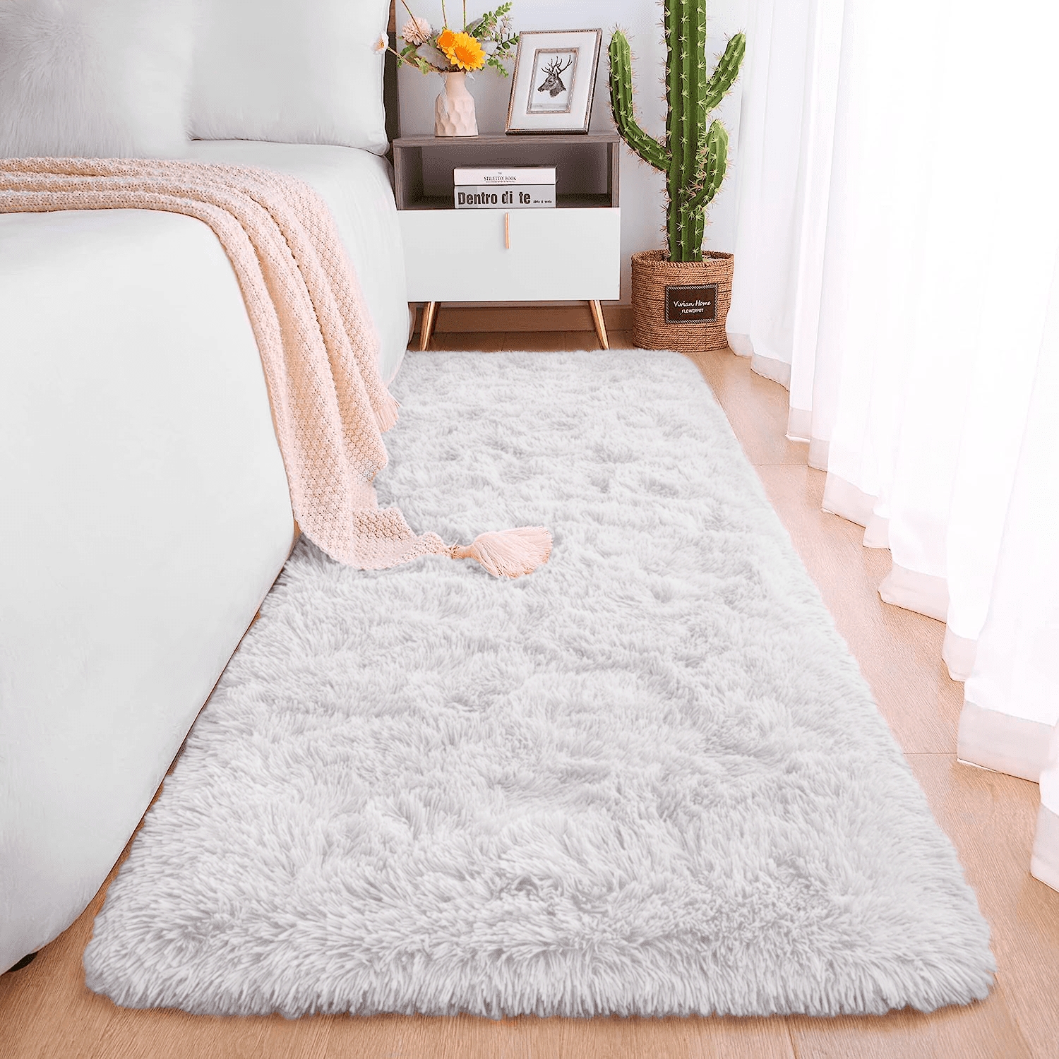 Tapete Passadeira Pelo Alto Felpudo Macio Anti Derrapante Branco - 60 x 180 cm Tapete para Sala e Quartos