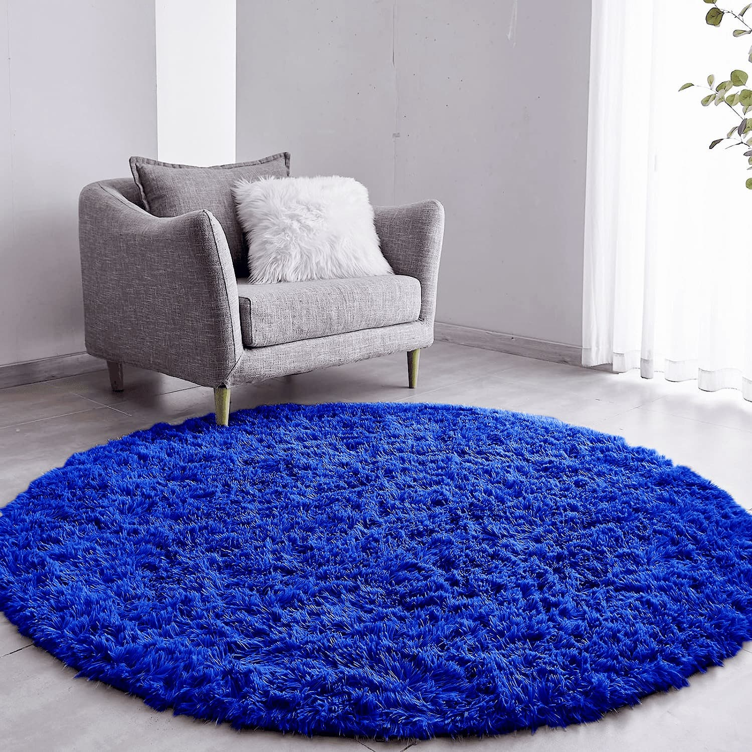Tapete Pelo Alto Felpudo Macio Anti Derrapante Anti Alérgico Azul Redondo - 100 cm Tapete para Sala e Quarto