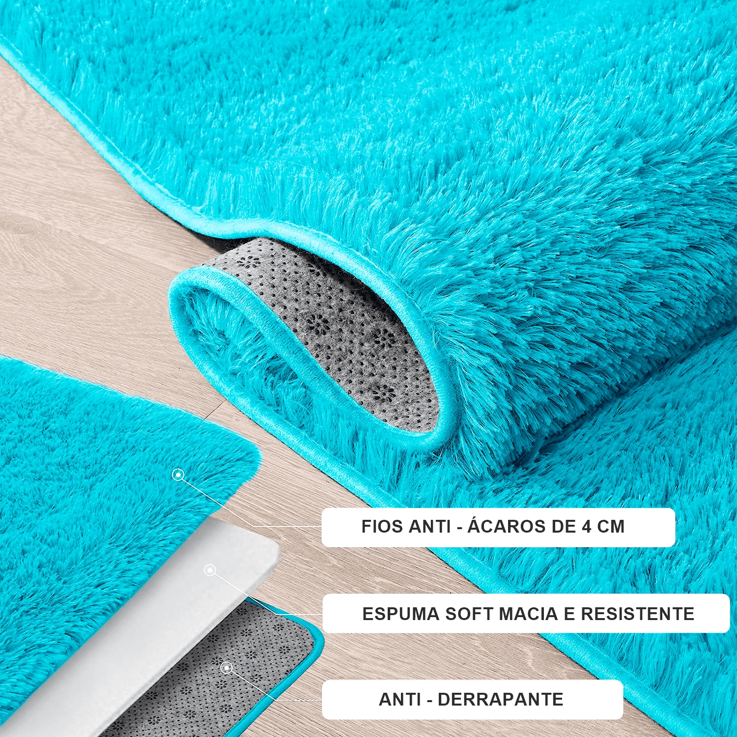 Tapete Pelo Alto Felpudo Macio Anti Derrapante Anti Alérgico Azul Turquesa - 200 x 200 cm Tapete para Sala e Quartos