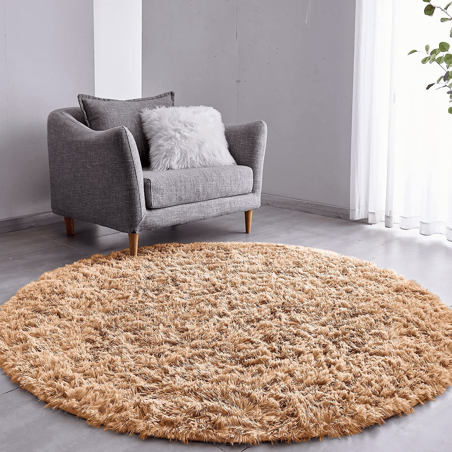 Tapete Pelo Alto Felpudo Macio Anti Derrapante Anti Alérgico Bege Redondo - 100 cm Tapete para Sala e Quarto