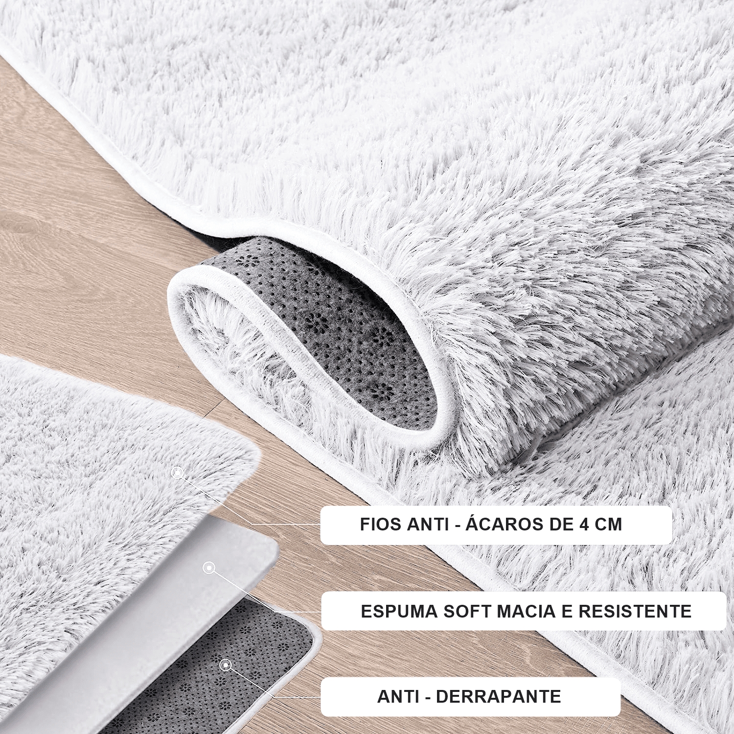 Tapete Pelo Alto Felpudo Macio Anti Derrapante Anti Alérgico Branco - 200 x 200 cm Tapete para Sala e Quartos