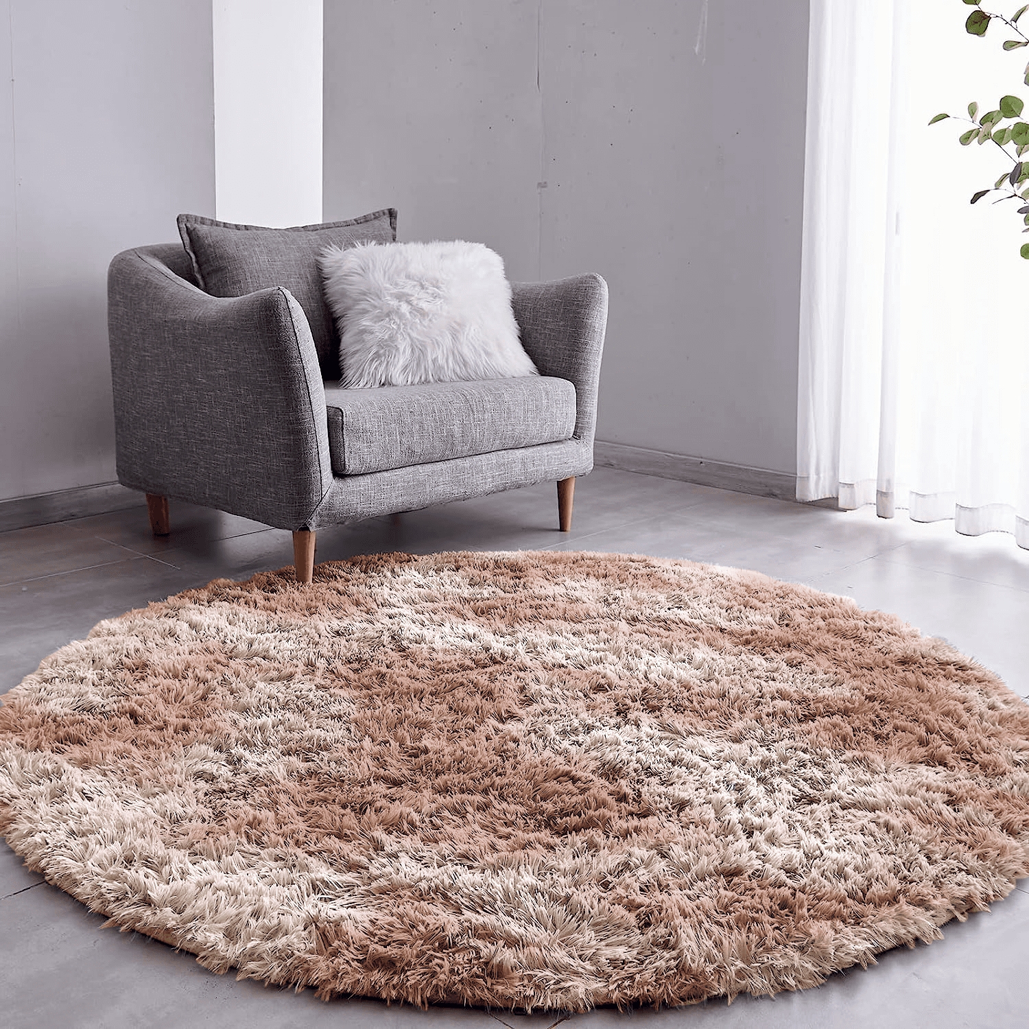 Tapete Pelo Alto Felpudo Macio Anti Derrapante Anti Alérgico Mesclado Bege Redondo - 140 cm Tapete para Sala e Quarto